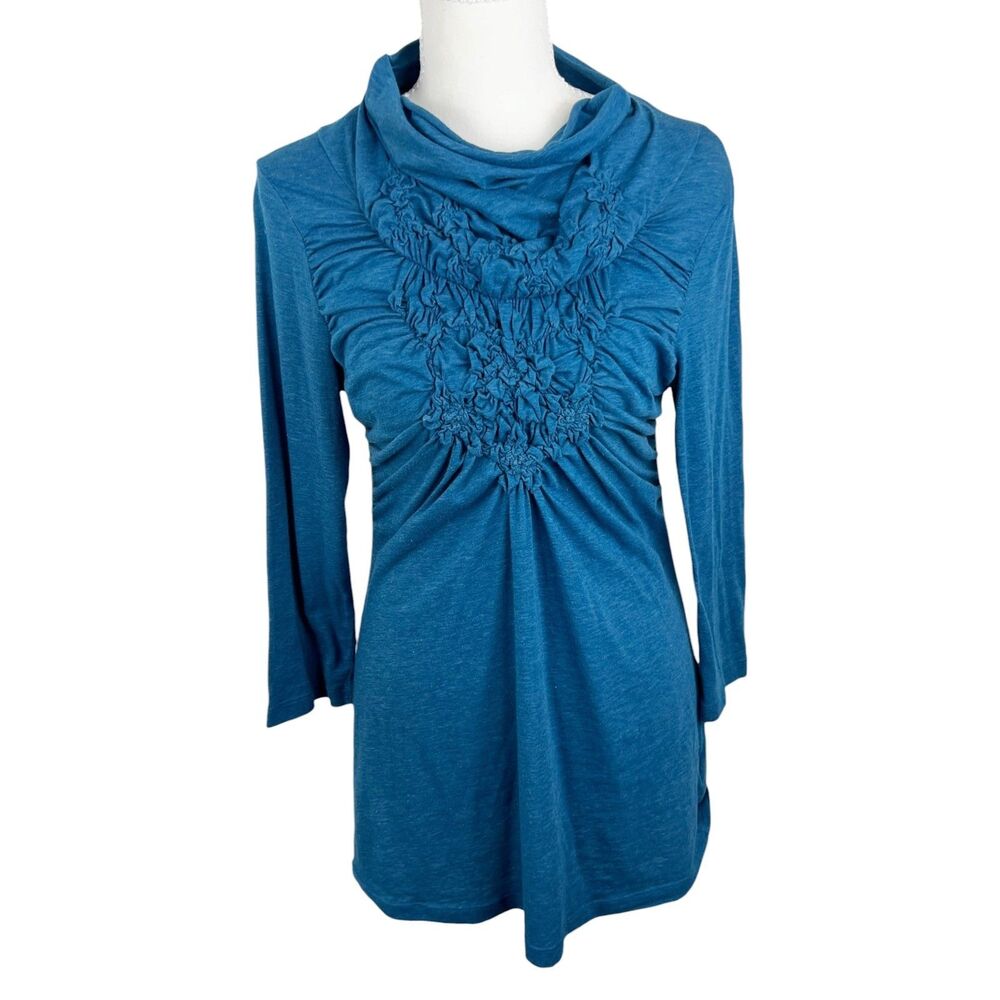Deletta Blouse Women Medium Blue Cowl Neck Gathering 3/4 Sleeve  Stretch Top